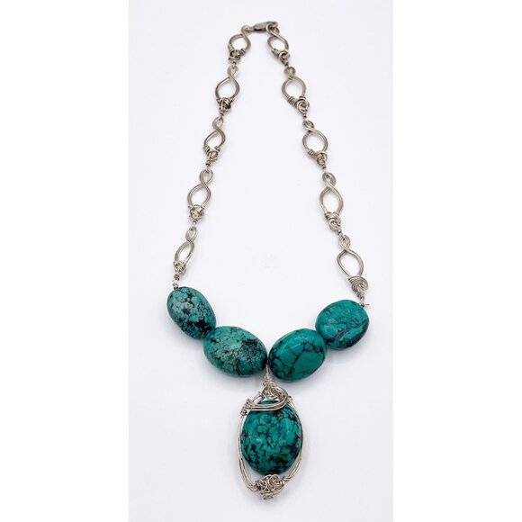 Handmade Sterling Silver Turquoise Statement Necklace Large Oval Gemstones 96g - Picture 3 of 13